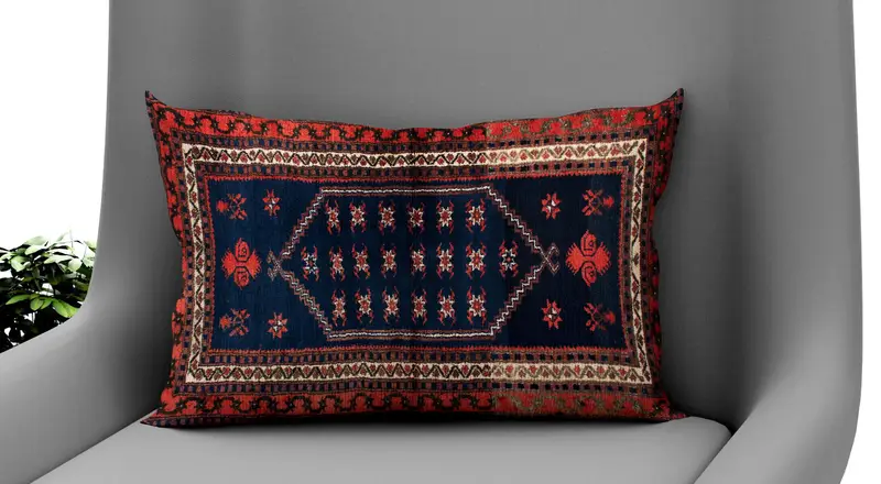 Handgefertigtes besticktes Kissen, Vintage-inspiriertes blaues und rotes Kissen