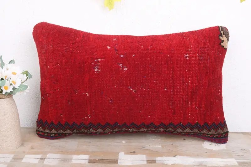Pillow Case, 12x20 Red Pillow Sham, Bright Pillow Cover, Turkish Pillow, Vintage Pillow, Anatolian Cushion Cover, Kilim Cushion Sham - 2