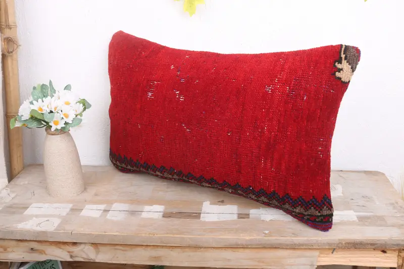 Pillow Case, 12x20 Red Pillow Sham, Bright Pillow Cover, Turkish Pillow, Vintage Pillow, Anatolian Cushion Cover, Kilim Cushion Sham - 4