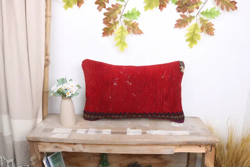 Pillow Case, 12x20 Red Pillow Sham, Bright Pillow Cover, Turkish Pillow, Vintage Pillow, Anatolian Cushion Cover, Kilim Cushion Sham - 1