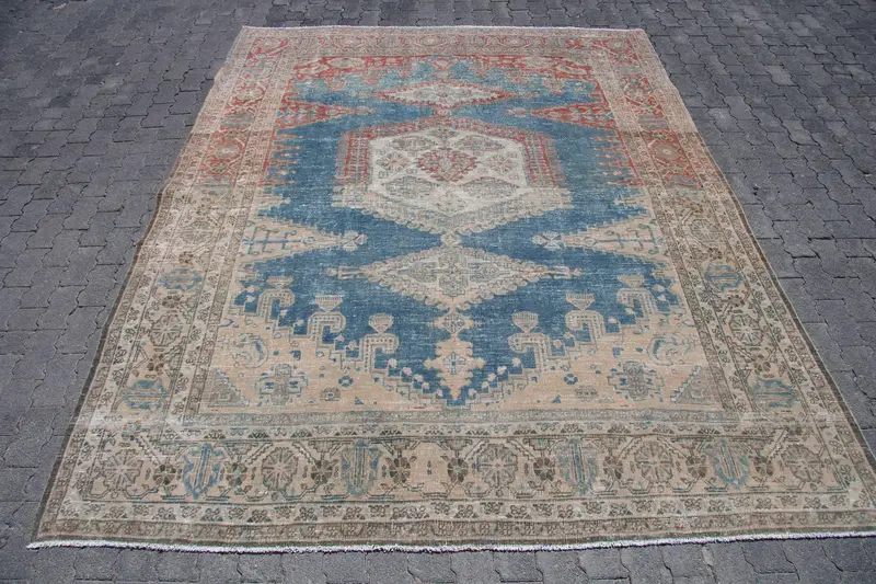 Vintage Turkish Rug 7.8x9.6 ft (238x293 cm), Oushak Blue Wool Rug - 1