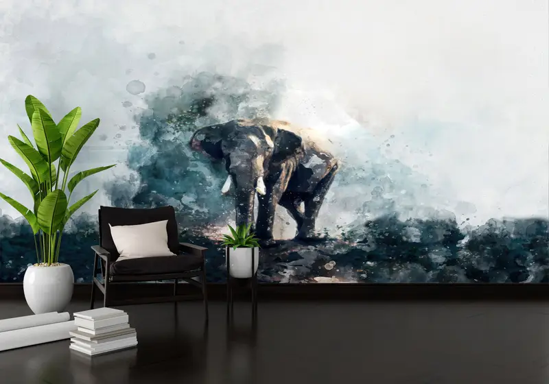 Watercolor Elephant Painting, Contemporary Wall Art, Watercolor Wall Mural, Alone Elephant Mural, Elephant Wall Art, - 3