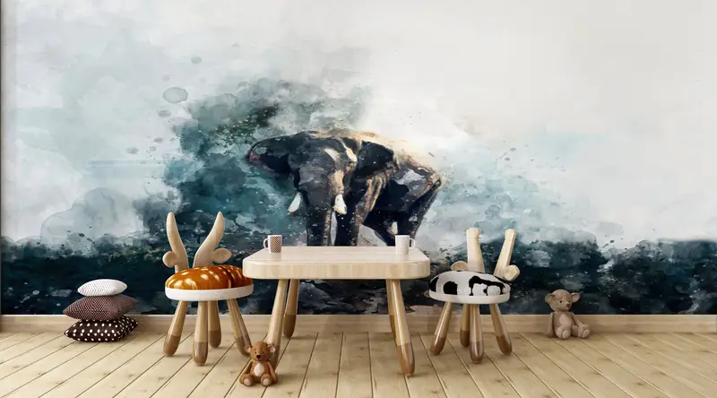 Watercolor Elephant Painting, Contemporary Wall Art, Watercolor Wall Mural, Alone Elephant Mural, Elephant Wall Art, - 1