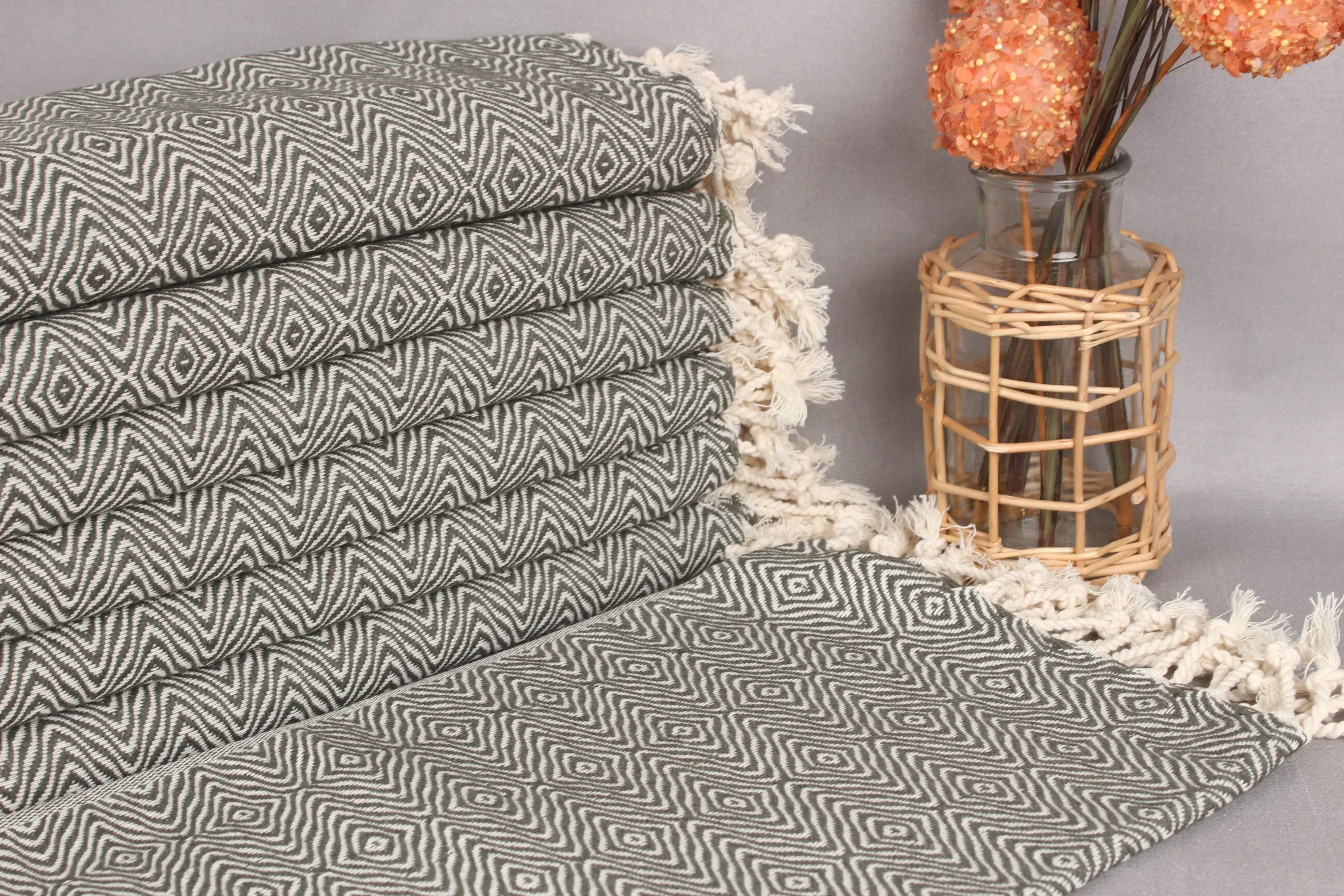 Embroidered Dish Towel Organic Cotton Khaki Green Diamond, 18x36 Inches - 1
