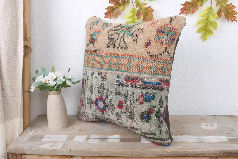 16x16 Green Cushion, Pillow Case, Anatolian Pillow, Boho Pillow Sham Cover, Vintage Kilim Throw Pillow, Cozy Throw Pillow, Ethnical Kilim Rug Pillow - 4