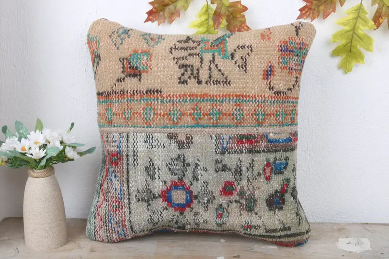 16x16 Green Cushion, Pillow Case, Anatolian Pillow, Boho Pillow Sham Cover, Vintage Kilim Throw Pillow, Cozy Throw Pillow, Ethnical Kilim Rug Pillow - 2
