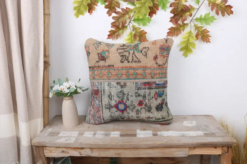 16x16 Green Cushion, Pillow Case, Anatolian Pillow, Boho Pillow Sham Cover, Vintage Kilim Throw Pillow, Cozy Throw Pillow, Ethnical Kilim Rug Pillow - 1