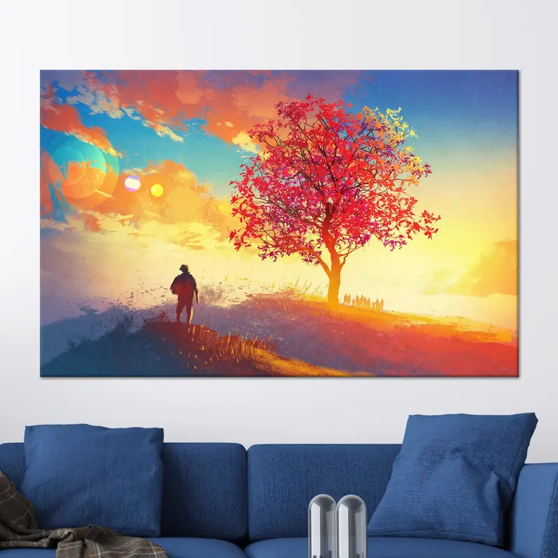 トレンディなキャンバス: 飛行機と木の上の日の出、男の洞窟の装飾