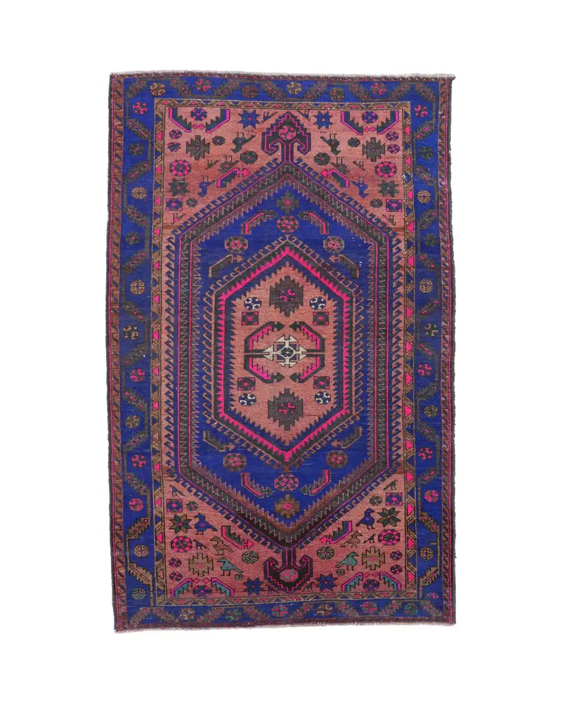Mavi Geometrik Halı, Pembe Çiçek Motifli 4x7 ft