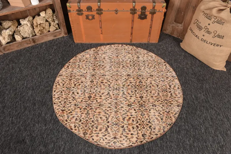Vintage Türk Halısı, 3.9x3.9 ft Oushak Halı, Kahverengi Çiçekli Yün Halı - 1
