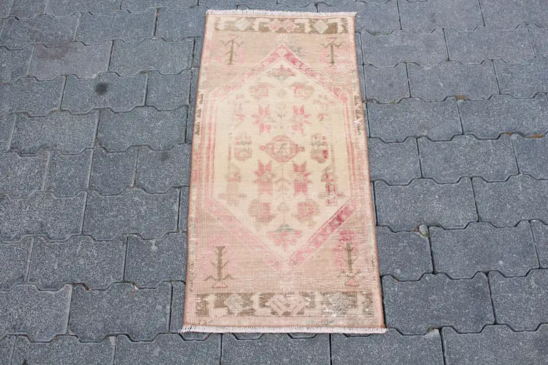 Alfombra turca vintage 1,3x2,7 pies (39x82 cm), alfombra de lana marrón Oushak - 1