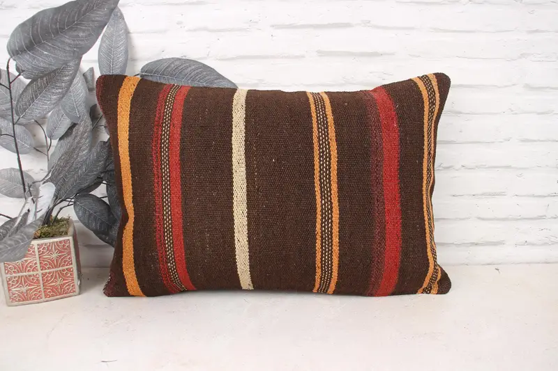 Ethnical Kilim Rug Pillow, Pillow Sham, Morroccon Kilim Cushion Cushion Case, Pillow for Sofa, 16x24 Brown Cushion Cover, Vintage Kilim Pillow - 1