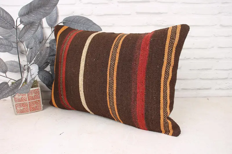 Ethnical Kilim Rug Pillow, Pillow Sham, Morroccon Kilim Cushion Cushion Case, Pillow for Sofa, 16x24 Brown Cushion Cover, Vintage Kilim Pillow - 4