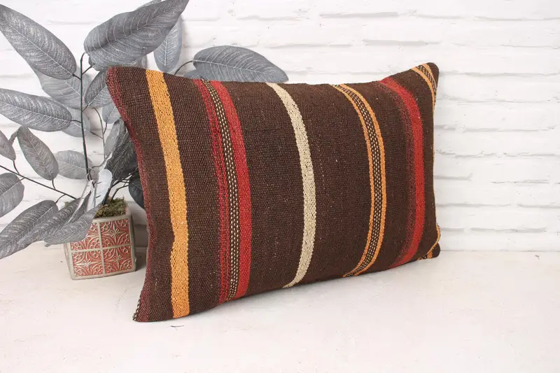 Ethnical Kilim Rug Pillow, Pillow Sham, Morroccon Kilim Cushion Cushion Case, Pillow for Sofa, 16x24 Brown Cushion Cover, Vintage Kilim Pillow - 3