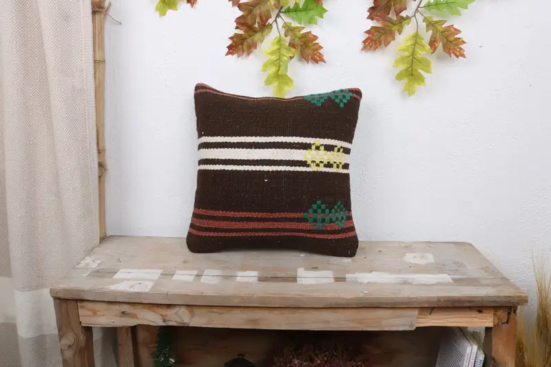 Pillow for Couch, Chair Cushion, Turkish Pillow, Authentic Cushion Cover, 14x14 Brown Cushion Cover, Vintage Kilim Throw Pillow, Pillow Cover - 1