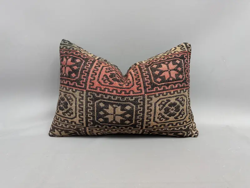 Embroidered Beige & Brown Geometric Throw Pillow, Vintage Kilim Pillow