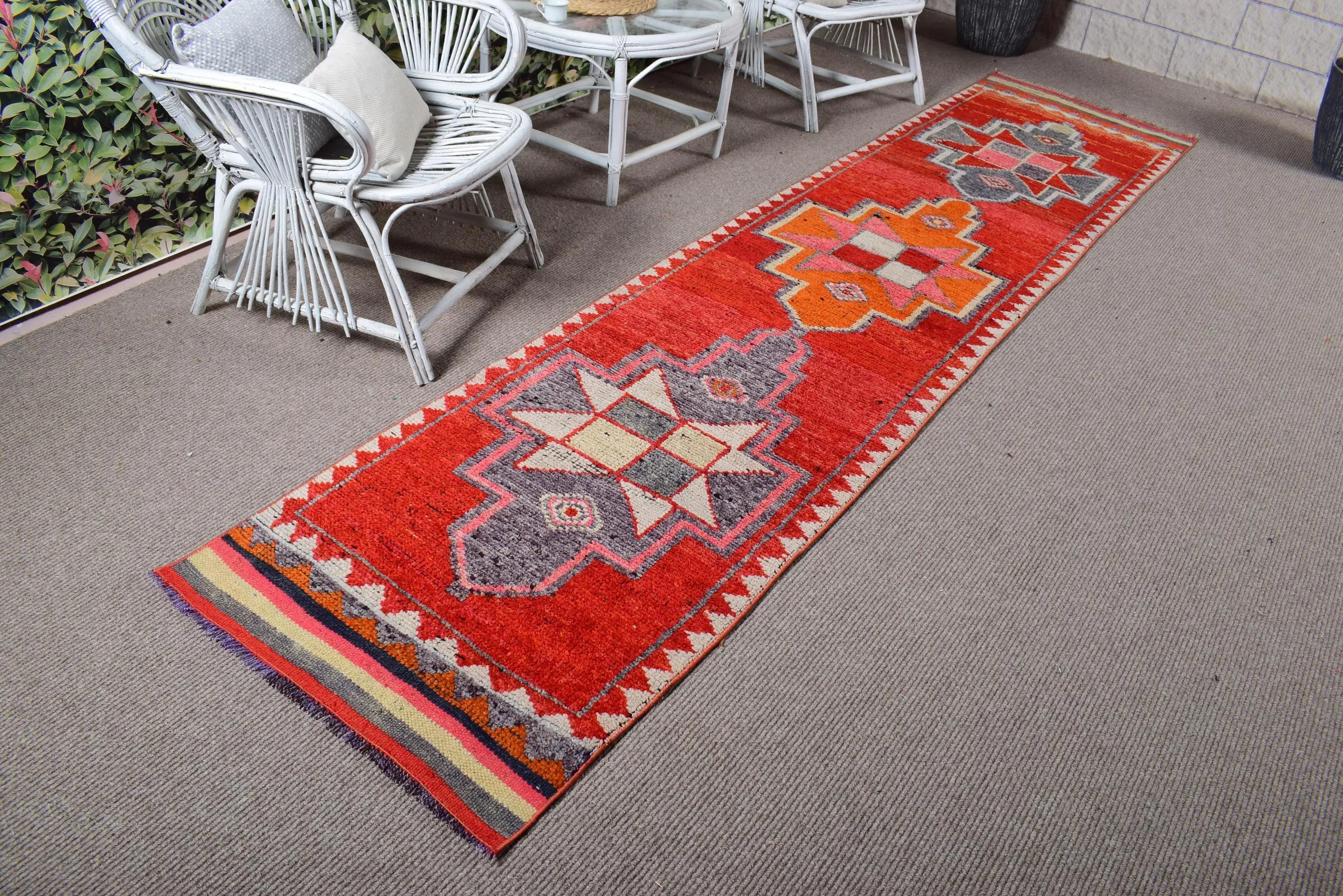 Vintage Runner Rug 2.5x11.3 ft (75x344 cm), Turkish Red Abstract Wool Rug - 1
