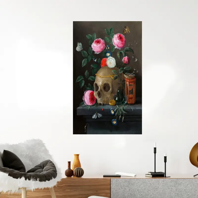 Elegantes bedrucktes Glas: Totenkopf, Skelett, Blumen, Blume, abstrakt