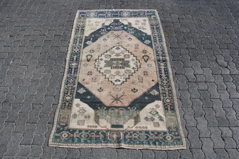 Turkish Vintage Rug, 4.1x6.9 ft Oushak Rug, Blue Abstract Wool Rug - 1