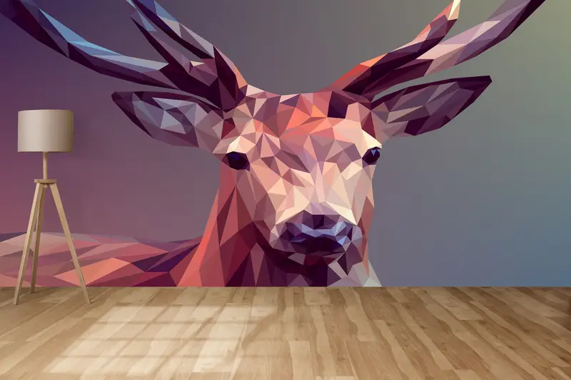3d Wall Paper, Deer Mural, Wall Paper Peel and Stick, Animal Wall Print, Modern Wall Paper, , Abstract Wallpaper, Polygon Deer Mural, - 4