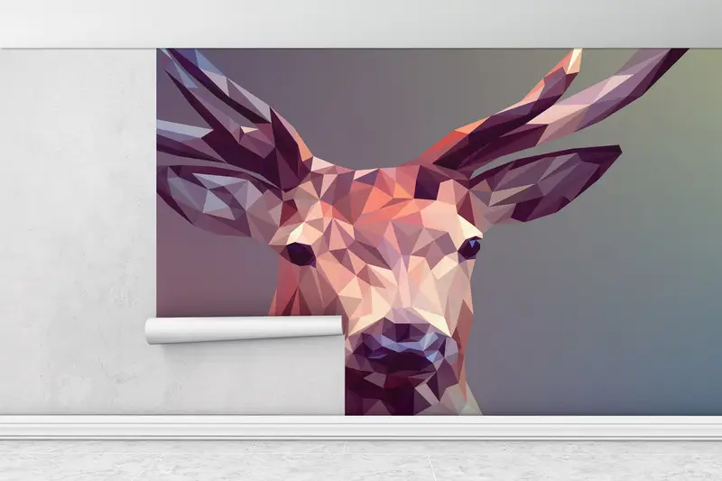 3d Wall Paper, Deer Mural, Wall Paper Peel and Stick, Animal Wall Print, Modern Wall Paper, , Abstract Wallpaper, Polygon Deer Mural, - 1