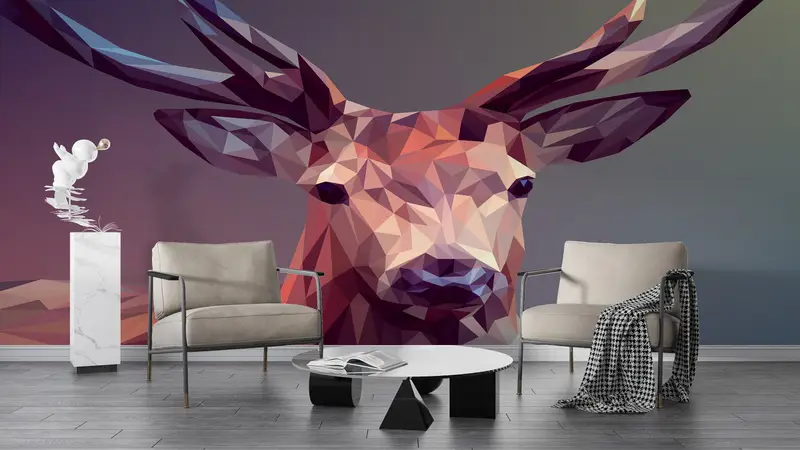3d Wall Paper, Deer Mural, Wall Paper Peel and Stick, Animal Wall Print, Modern Wall Paper, , Abstract Wallpaper, Polygon Deer Mural, - 7