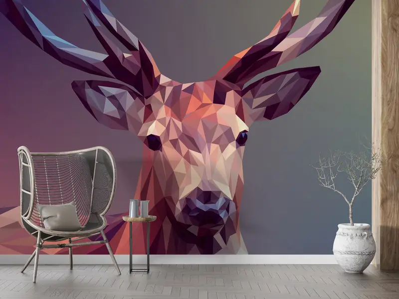 3d Wall Paper, Deer Mural, Wall Paper Peel and Stick, Animal Wall Print, Modern Wall Paper, , Abstract Wallpaper, Polygon Deer Mural, - 6