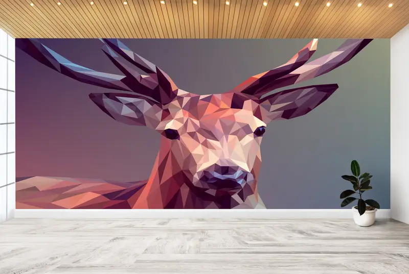 3d Wall Paper, Deer Mural, Wall Paper Peel and Stick, Animal Wall Print, Modern Wall Paper, , Abstract Wallpaper, Polygon Deer Mural, - 3