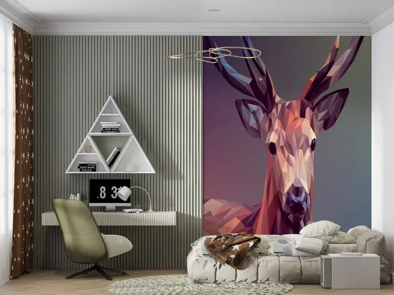 3d Wall Paper, Deer Mural, Wall Paper Peel and Stick, Animal Wall Print, Modern Wall Paper, , Abstract Wallpaper, Polygon Deer Mural, - 5