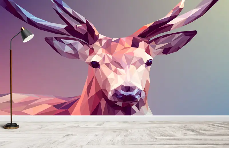 3d Wall Paper, Deer Mural, Wall Paper Peel and Stick, Animal Wall Print, Modern Wall Paper, , Abstract Wallpaper, Polygon Deer Mural, - 2