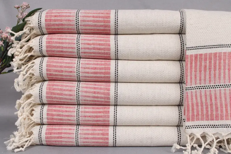Coffee Tea Towel Red Beige Striped, 20x40 Inches Linen, Handmade Organic