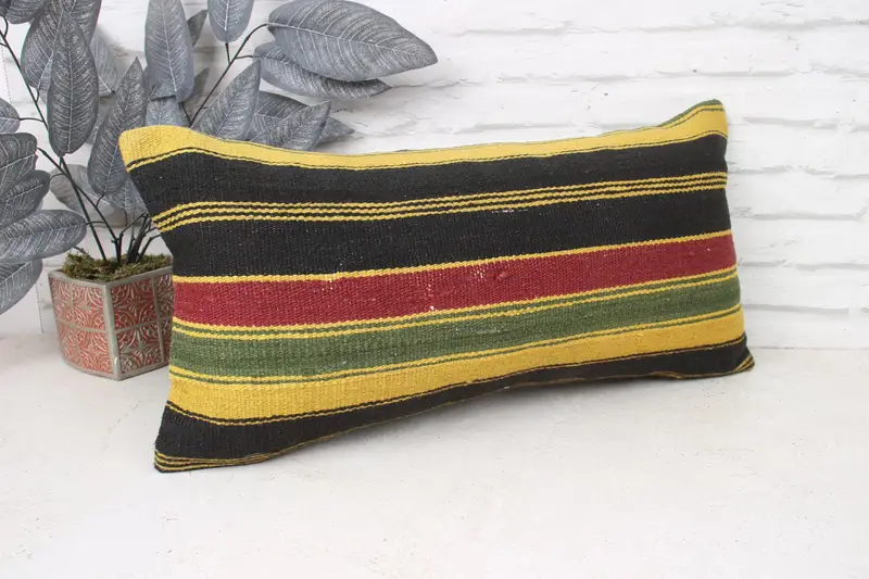 Pillow for Couch, Vintage Kilim Pillow, Pillow, Office Chair Pillow, Retro Throw Cushion Case, 12x24 Yellow Cushion Case, Turkish Pillow - 3