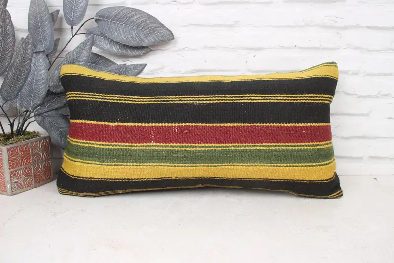 Pillow for Couch, Vintage Kilim Pillow, Pillow, Office Chair Pillow, Retro Throw Cushion Case, 12x24 Yellow Cushion Case, Turkish Pillow - 1
