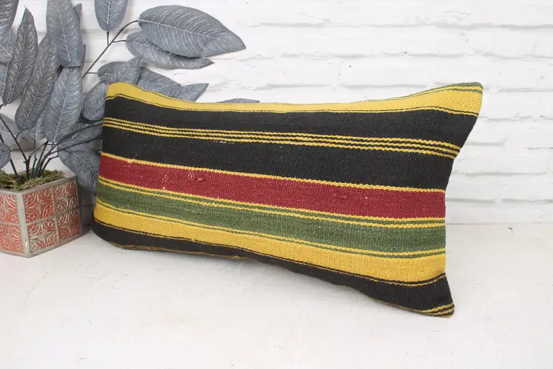 Pillow for Couch, Vintage Kilim Pillow, Pillow, Office Chair Pillow, Retro Throw Cushion Case, 12x24 Yellow Cushion Case, Turkish Pillow - 4