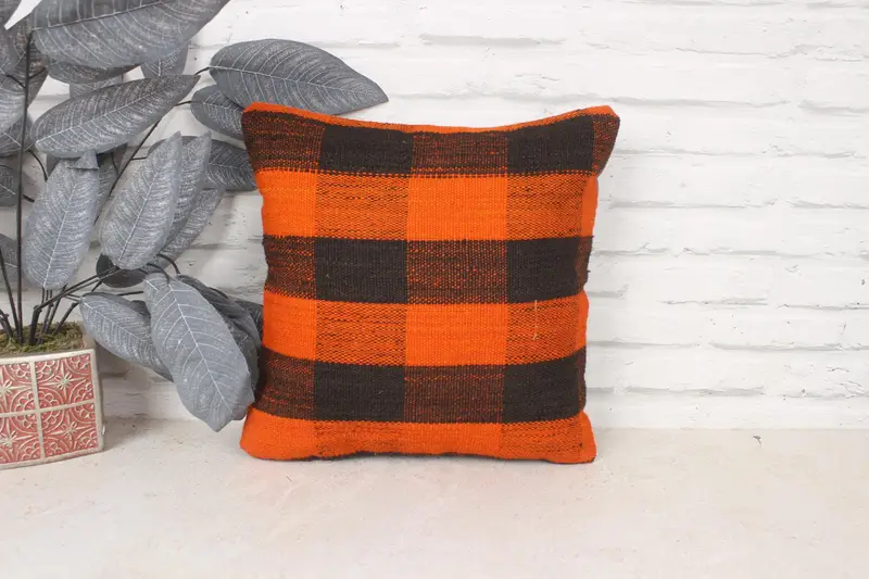 Kilim Pillow, Bench Cushion, Cushion Case, Tapestry Cushion Case, Ethnic Throw Cushion Cover, 14x14 Orange Pillow, Gift Pillow, Turkish Pillow - 1