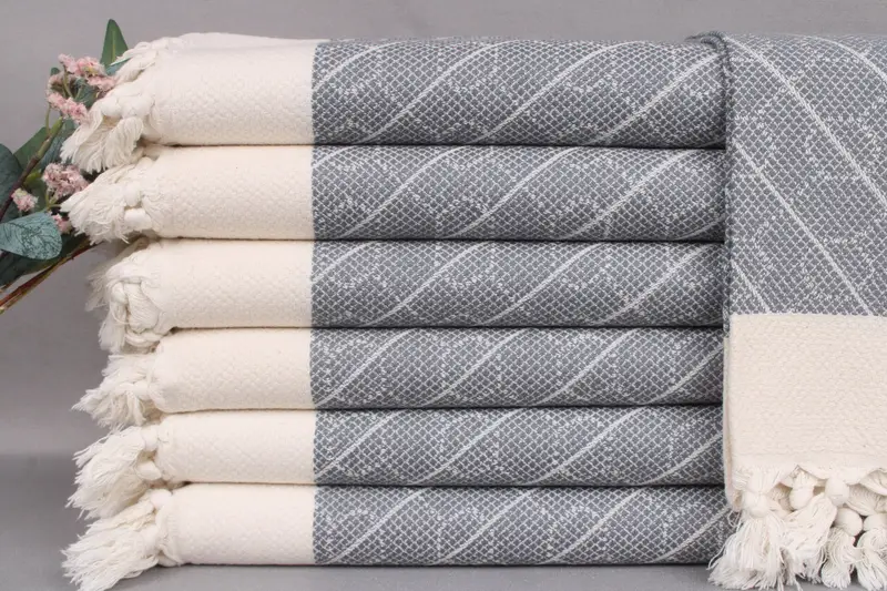 Customized Dark Gray Geometric Kitchen Towel, Beige, Organic Turkish Cotton, 18x36 Inches