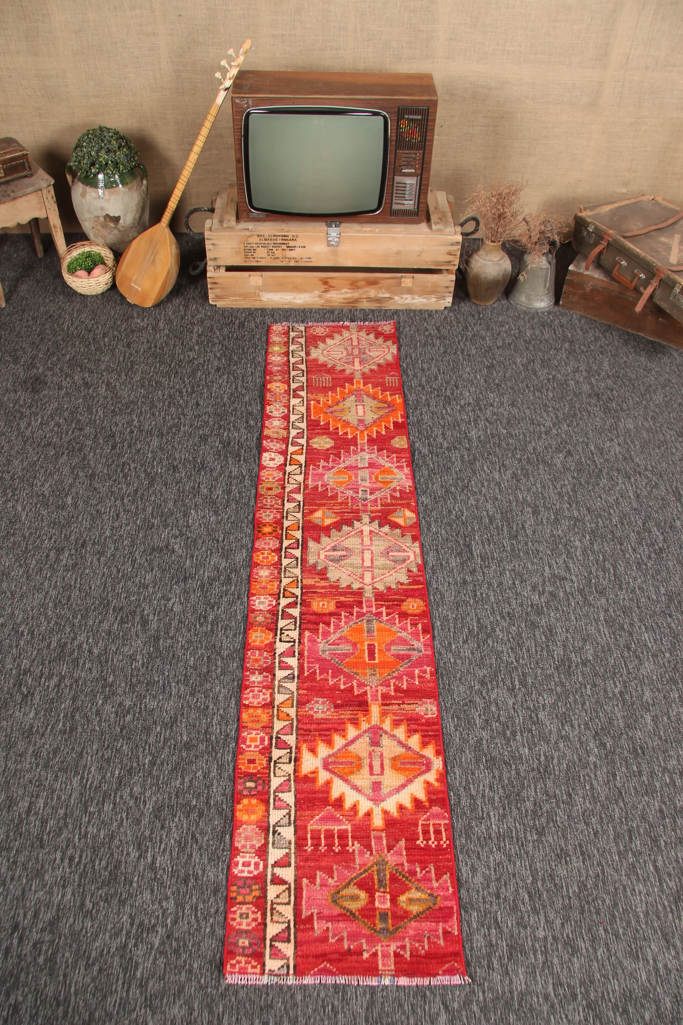Turkish Vintage Rug, 1.7x7.6 ft Herki Rug, Red Geometric Rug - 1