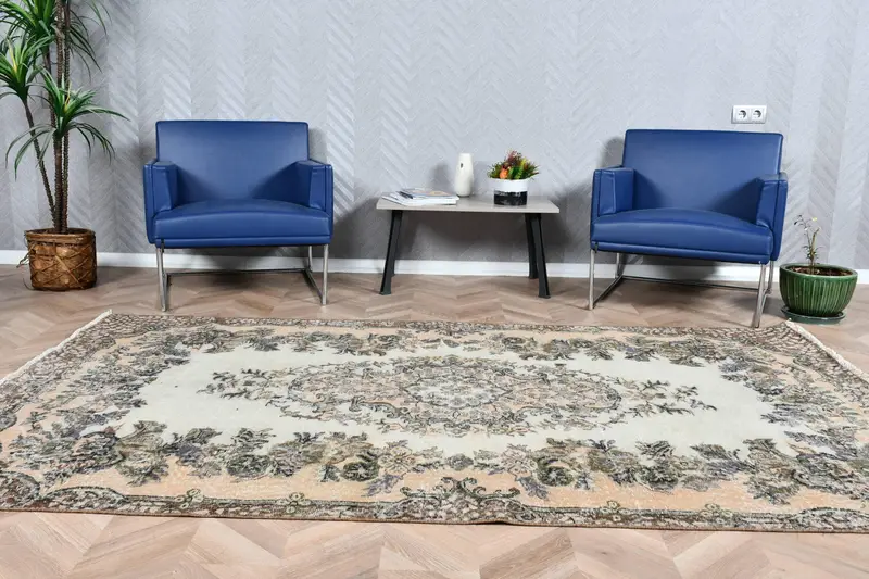 5.4x8.8 ft Büyük Vintage Türk Halısı, Kahverengi Çiçekli Yün Halı - 1