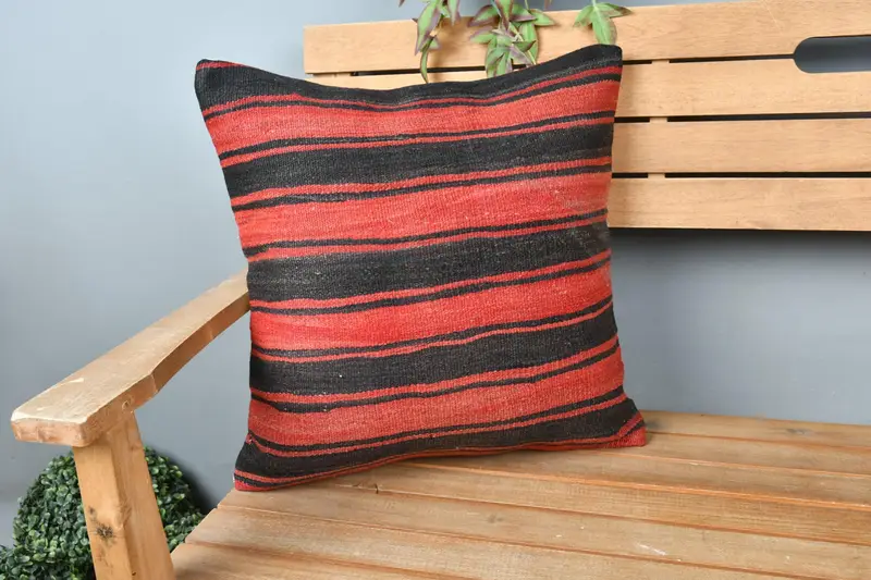 Turkish Pillow, Gift Pillow, Sustainable Pillow Cover, Indoor Pillow, Ethnical Kilim Rug Pillow, 18x18 Red Cushion Case, Cushion Cover - 1