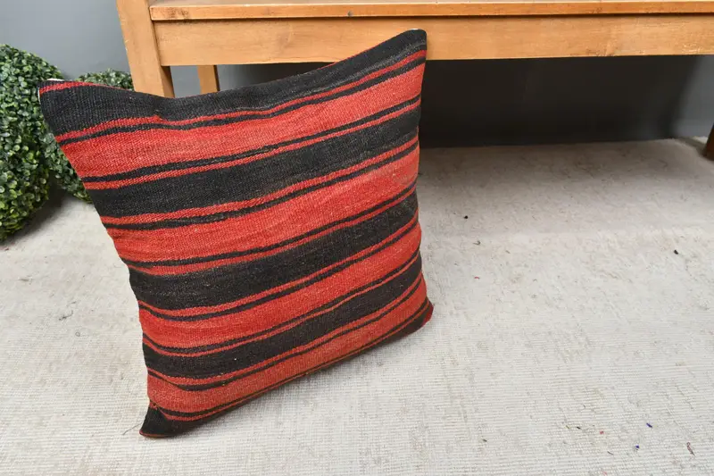 Turkish Pillow, Gift Pillow, Sustainable Pillow Cover, Indoor Pillow, Ethnical Kilim Rug Pillow, 18x18 Red Cushion Case, Cushion Cover - 7