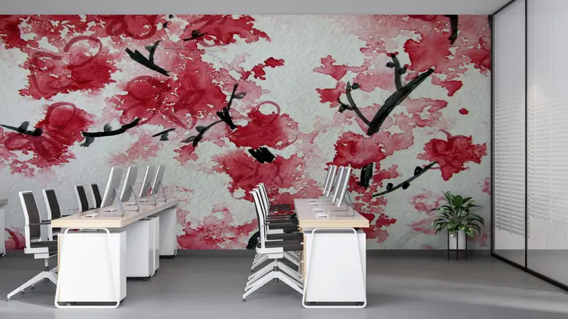 Rote Tapete, Landschaftspapierkunst, Geschenk für sie, japanisches Digitalpapier von Kirschblüten, Tapetenpaneele, Blumenbild, 3D -Papierkunst, - 8