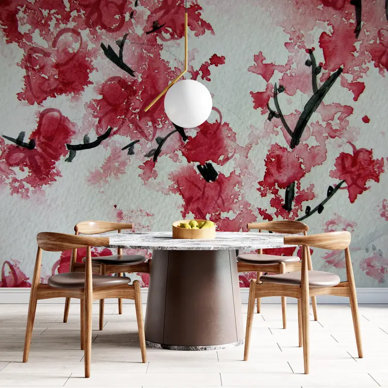 Rote Tapete, Landschaftspapierkunst, Geschenk für sie, japanisches Digitalpapier von Kirschblüten, Tapetenpaneele, Blumenbild, 3D -Papierkunst, - 4