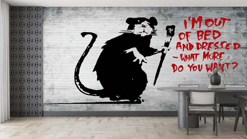 Paper Wall Art ,Graffiti Wall Decor,Wall Paper Peel and Stick,3d Wall Paper,Street Wall Mural,Banksy Out of Bed Rat Mural, - 1