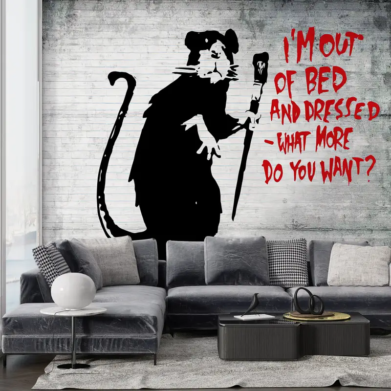 Paper Wall Art ,Graffiti Wall Decor,Wall Paper Peel and Stick,3d Wall Paper,Street Wall Mural,Banksy Out of Bed Rat Mural, - 3