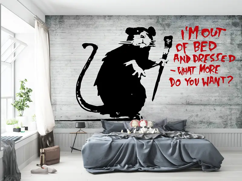 Paper Wall Art ,Graffiti Wall Decor,Wall Paper Peel and Stick,3d Wall Paper,Street Wall Mural,Banksy Out of Bed Rat Mural, - 2