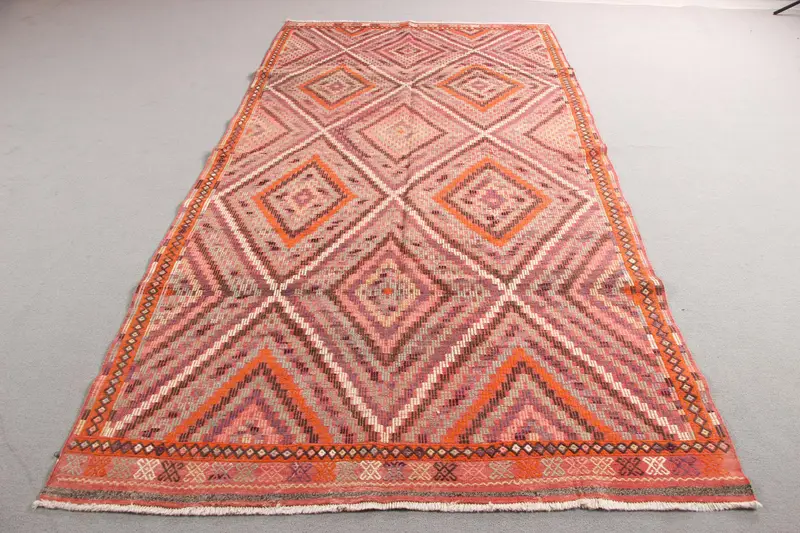 Canlı Turuncu ve Yeşil Halı, 5,2x10,3 ft Çiçek ve Geometrik