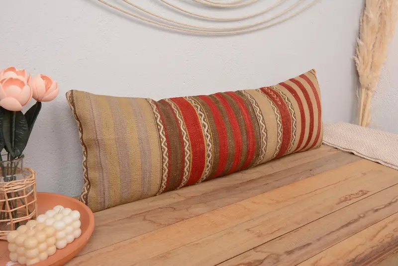 Home Decor Pillow, Vintage Pillow, Throw Kilim Pillow, Turkish Corner Cushion, Ottoman Pillow, Cushion Case, Bright Pillow, 12x36 Red Cushion Cover - 1