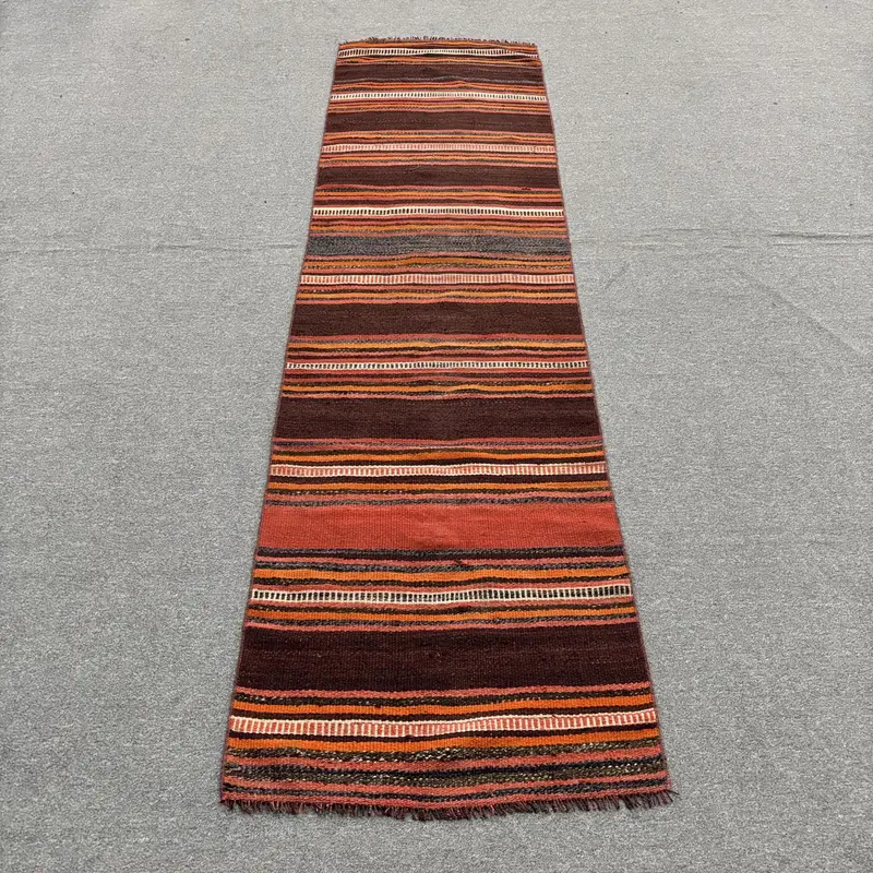 2.3x8.7 ft Turkish Kilim Rug, Brown Oriental Vintage Wool Rug - 1