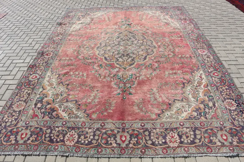 Kırmızı Oryantal Halı, Mavi Desenli 12,8x12,76 ft