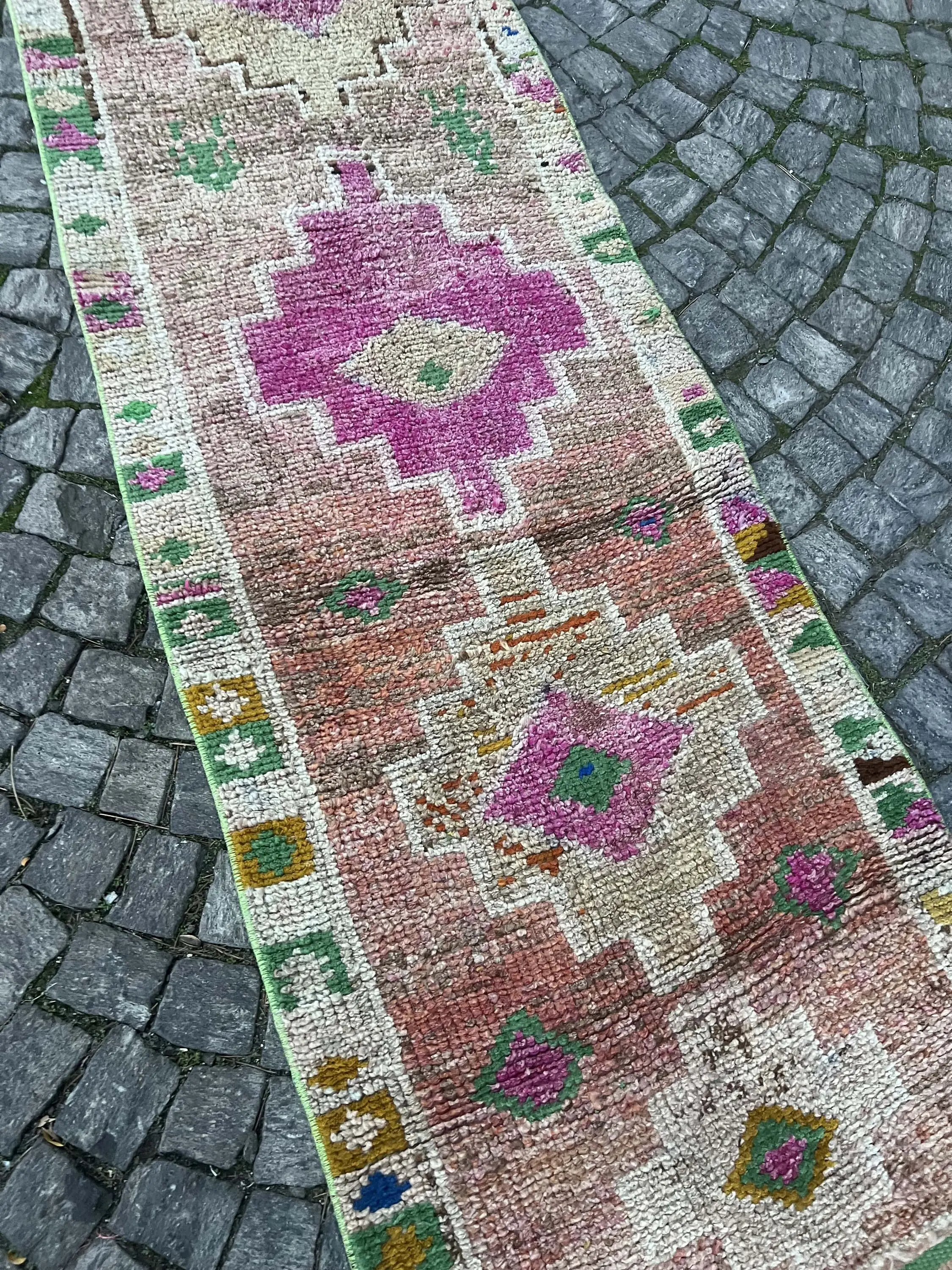 2.3x9.1 ft Turkish Rug, Vintage Runner Rug, Pink Green Oriental Rug - 1